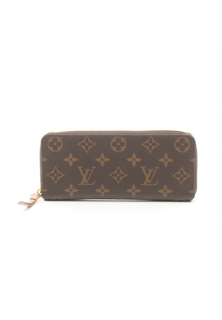 二奢 Pre-loved Louis Vuitton Portefeuil Clemence monogram rose ballerine round zipper long wallet PVC leather Brown Light pink