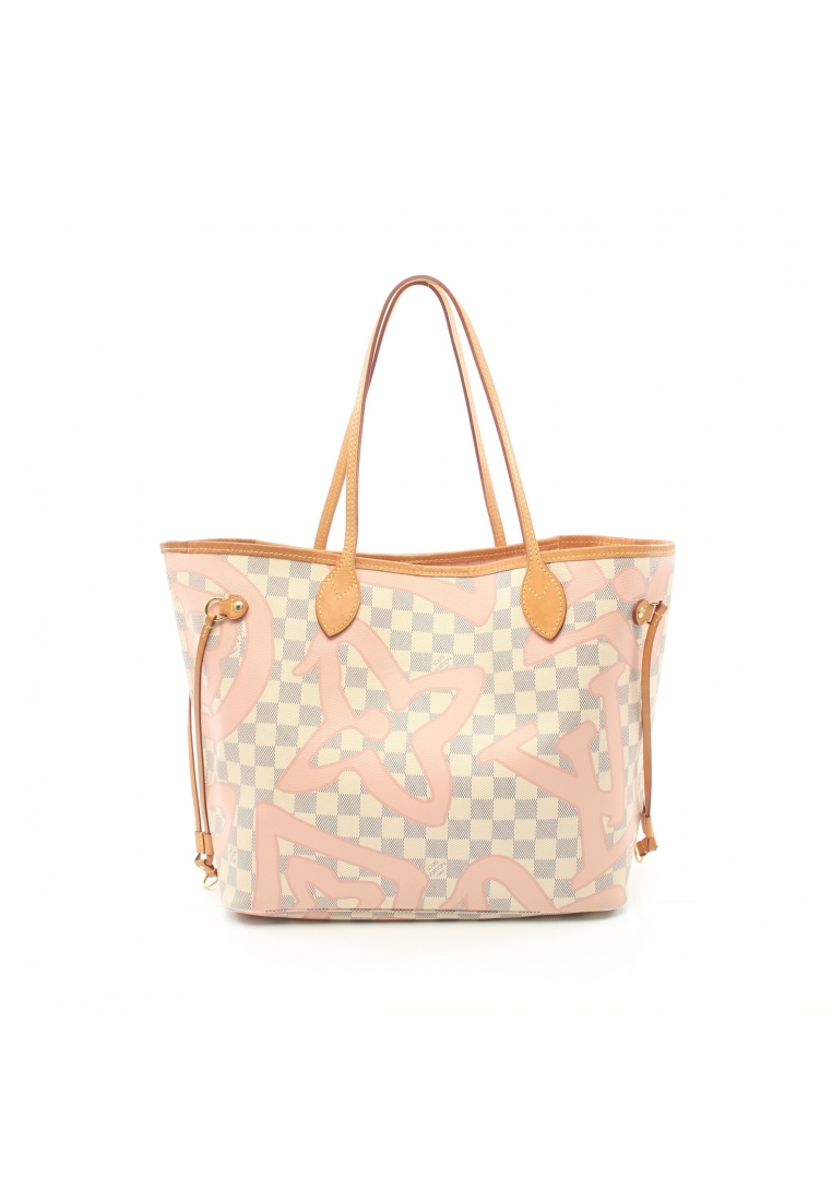 二奢 Pre-loved Louis Vuitton Neverfull MM Damier Azur Tahiti rose ballerine Shoulder bag tote bag PVC leather white pink