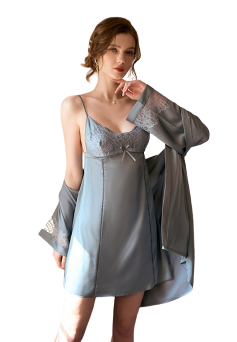 LYCKA LDL3804女士露背性感睡袍兩件套藍色