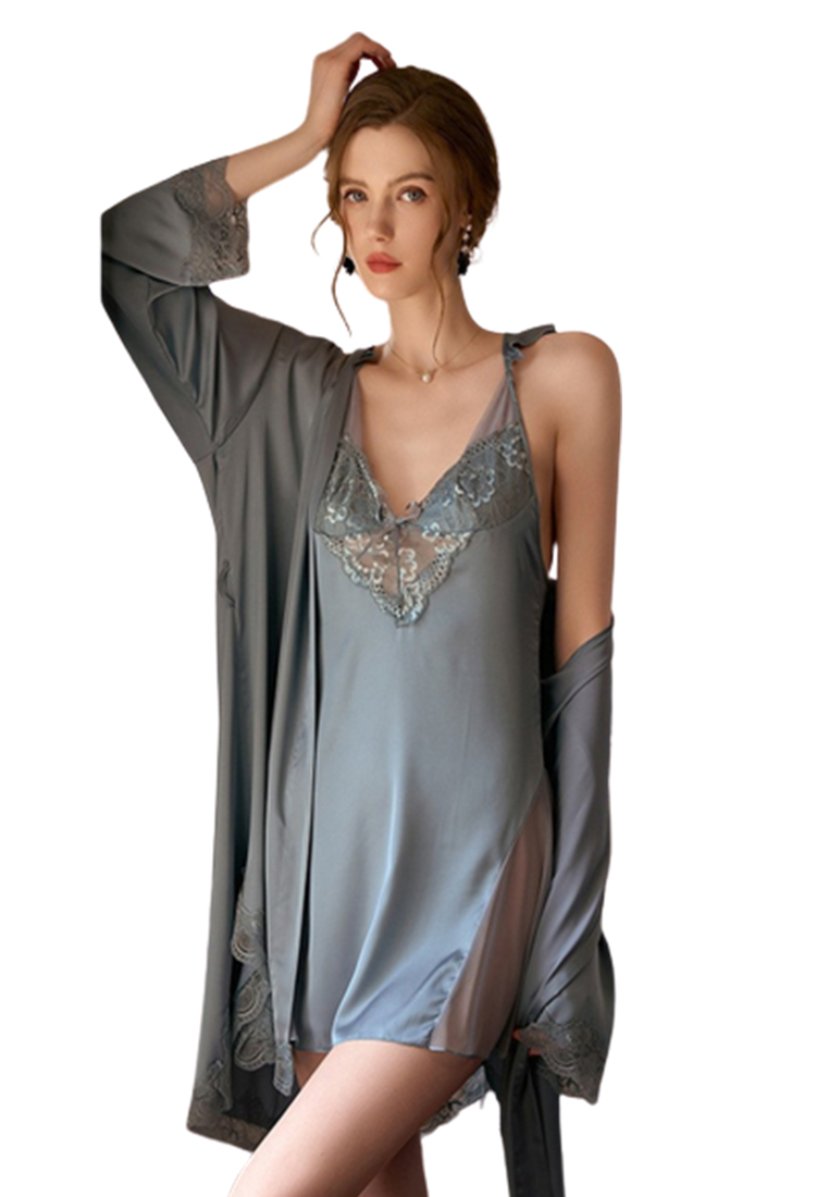 LYCKA LDL3806女士露背性感睡袍兩件套藍色