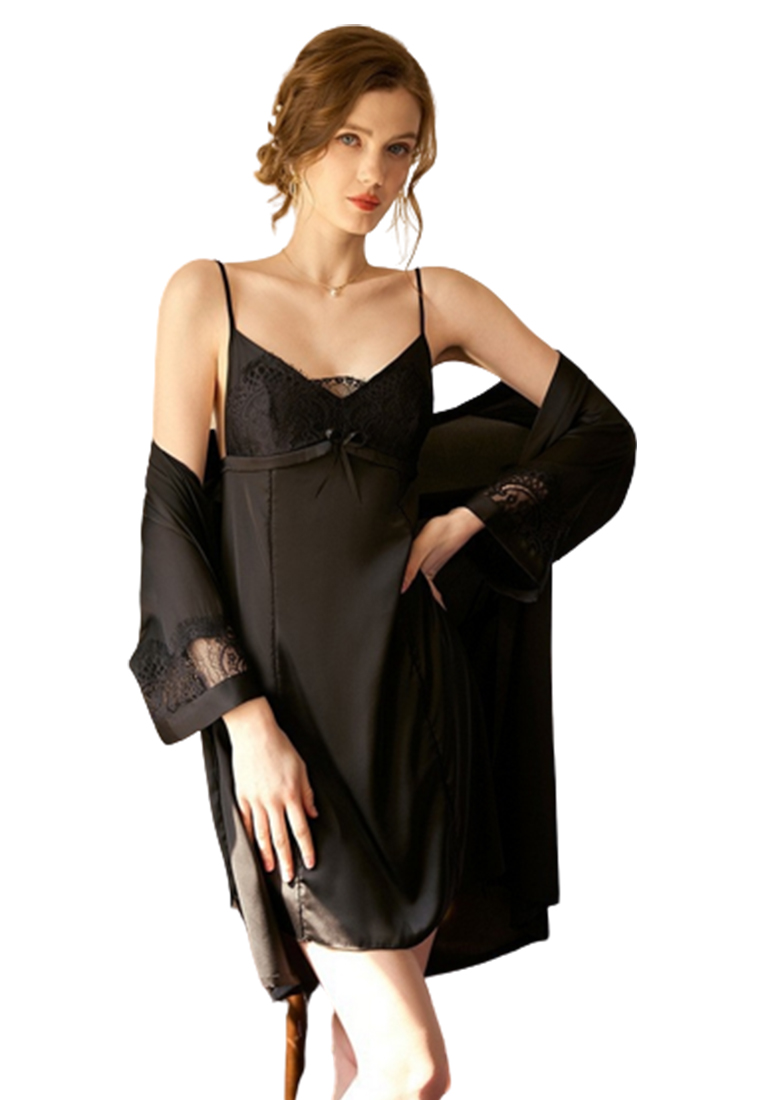 LYCKA LDL3804女士露背性感睡袍兩件套黑色