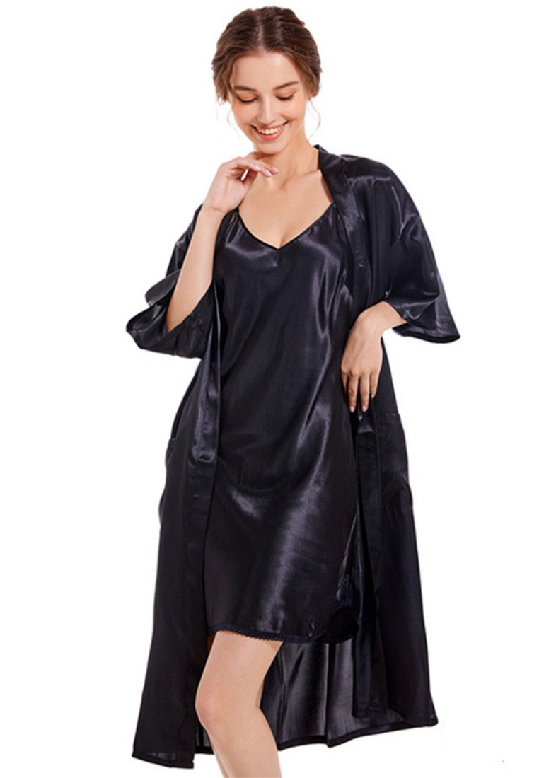LYCKA LHY1053女士露背性感睡袍兩件套黑色
