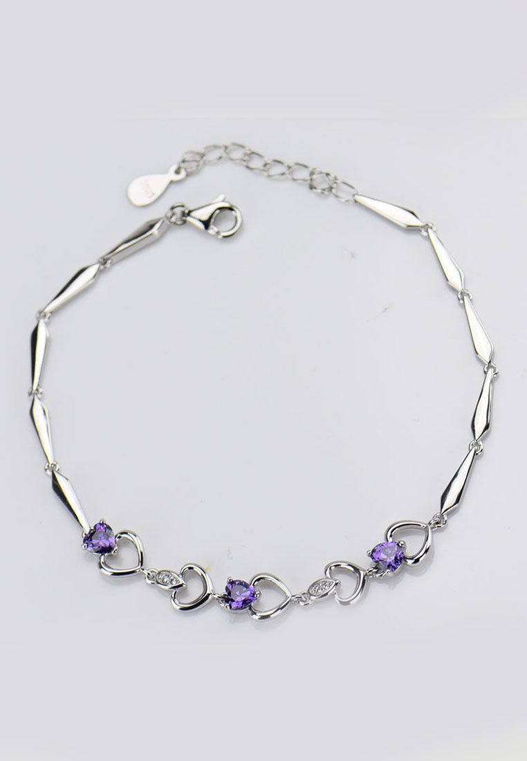 LYCKA J170817 S925 銀飾心心紫色鋯石手鏈-銀色