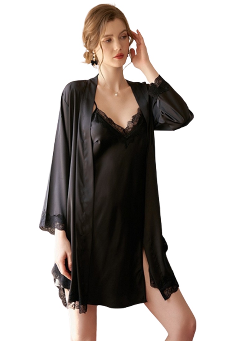 LYCKA LDL3801女士露背性感睡袍兩件套黑色