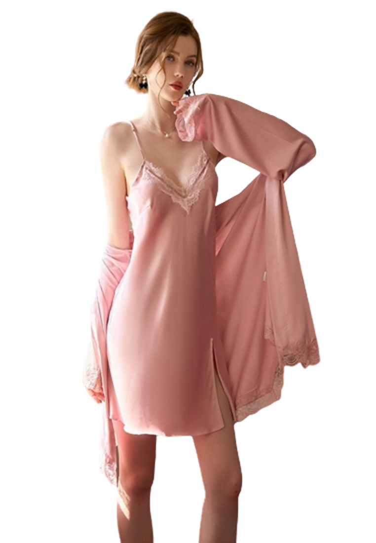 LYCKA LDL3801女士露背性感睡袍兩件套粉紅色