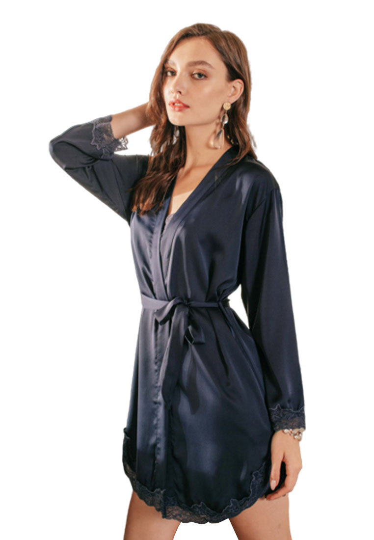 LYCKA LCL4011-女士仿真絲露背性感睡袍兩件套-海軍藍色
