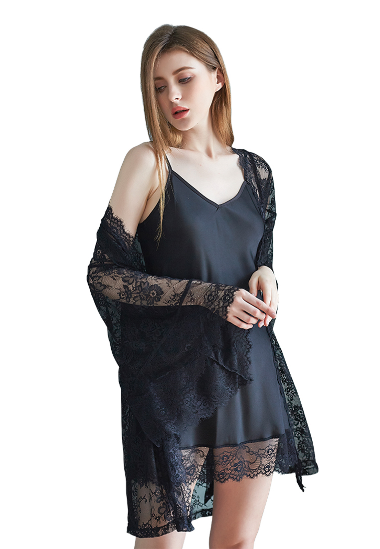 LYCKA LCB2117-女士性感睡袍與內衣套裝-黑色
