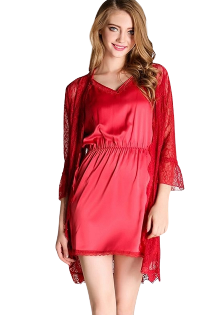 LYCKA LLC2929女士露背性感睡袍三件套紅色