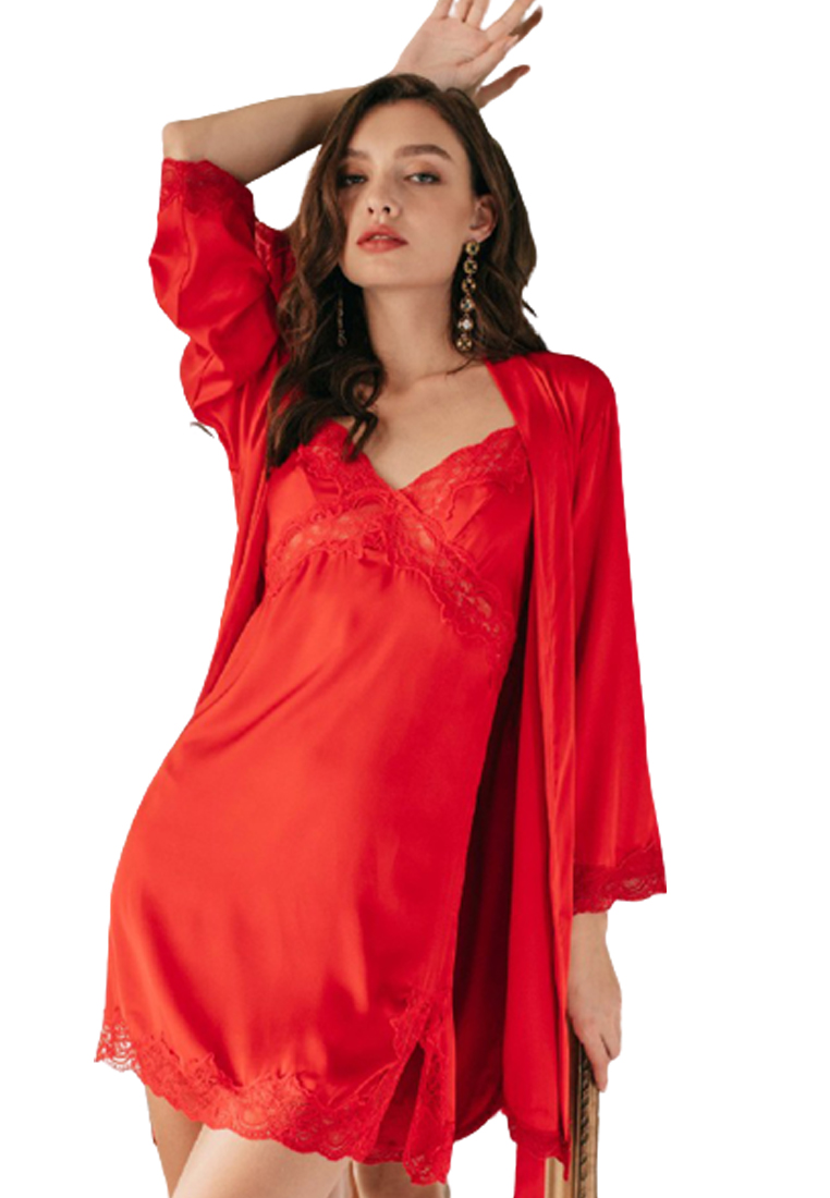 LYCKA LKG3001女士露背性感睡袍兩件套紅色