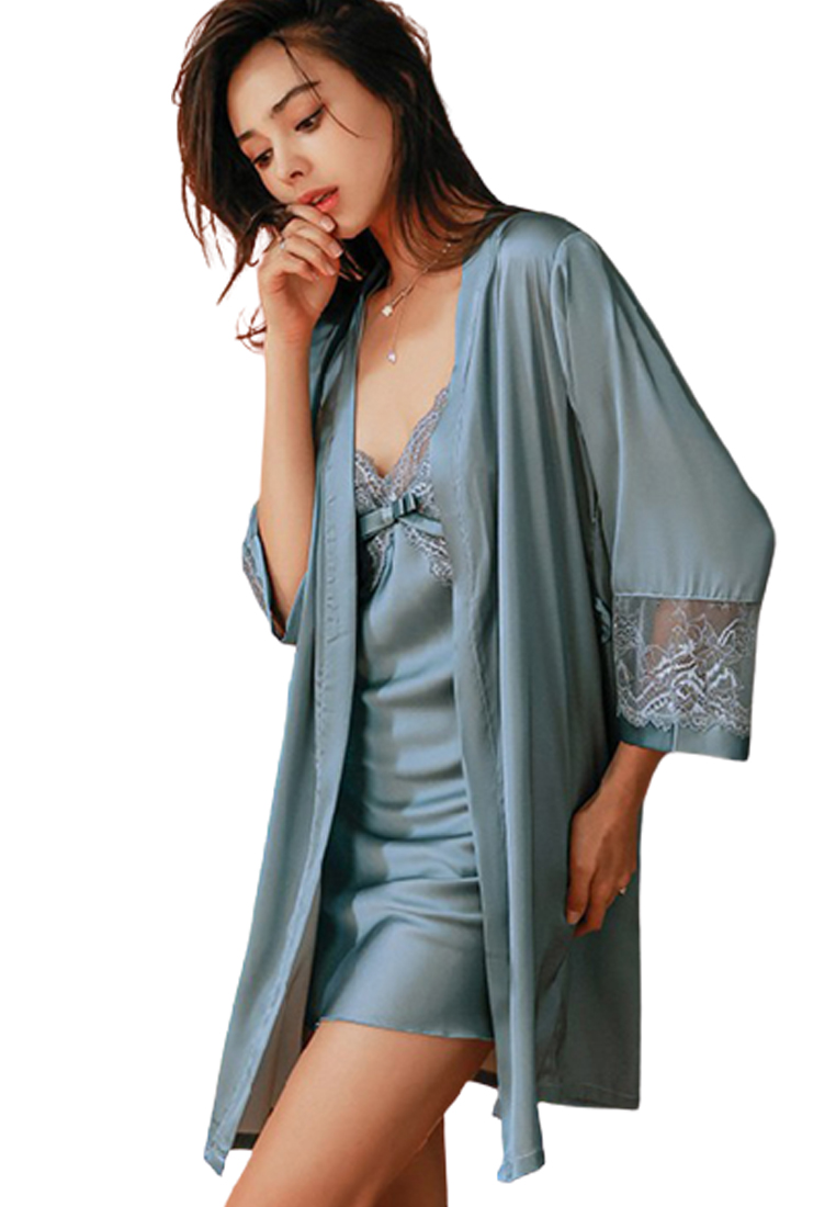 LYCKA LKG3008女士露背性感睡袍兩件套藍色