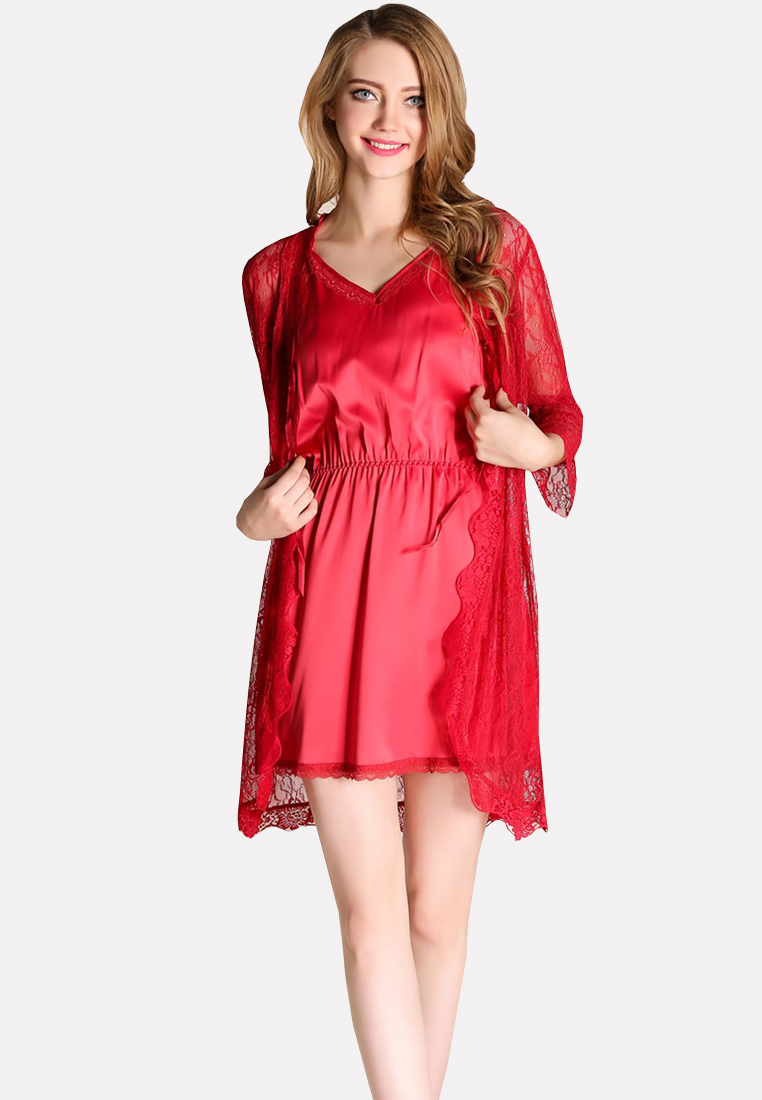 LYCKA LKG3030女士露背性感睡袍兩件套紅色