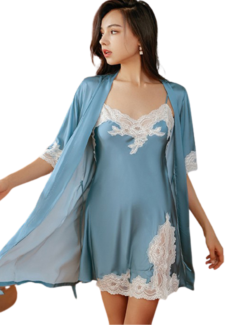 LYCKA LKG3004女士露背性感睡袍兩件套藍色