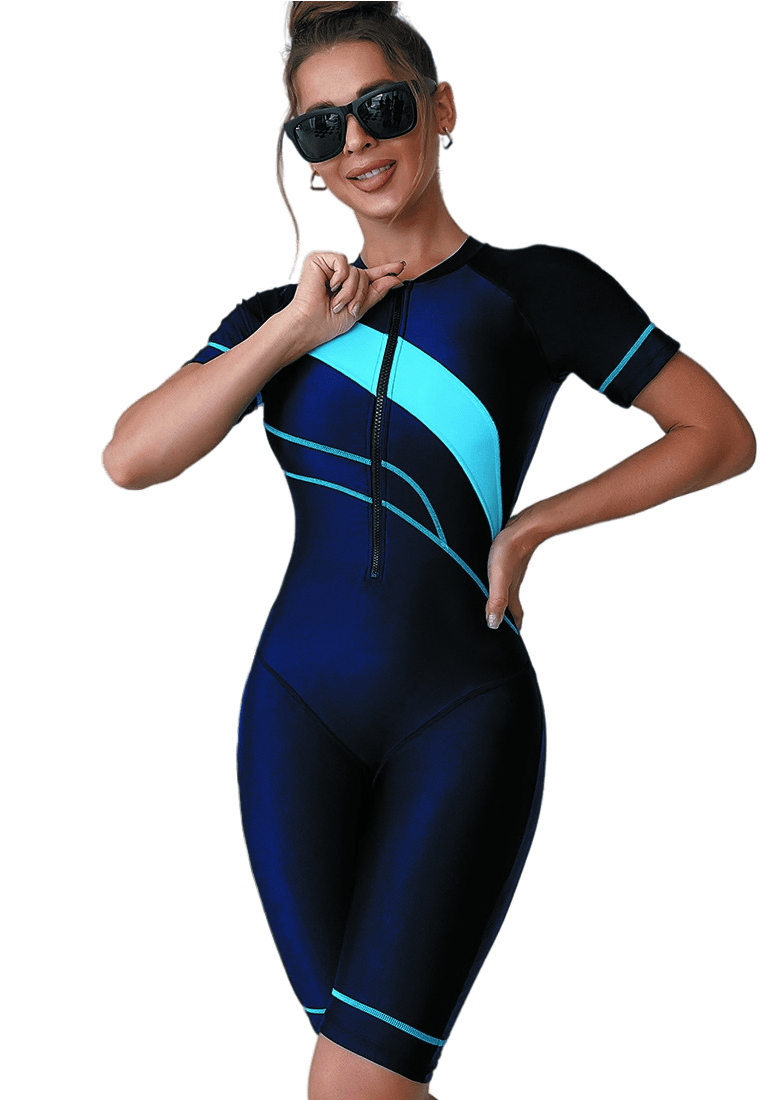 LYCKA LYM3013歐洲時尚女士短袖連體衝浪泳衣藍色