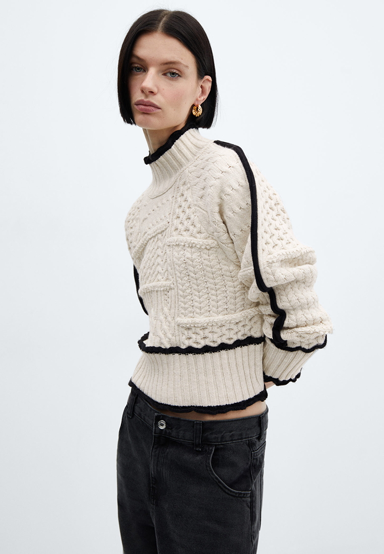 Mango Cable-Knit Sweater With Contrasting Trim