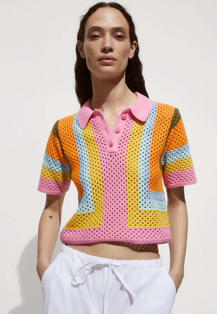 Mango Short Sleeve Crochet Polo Shirt