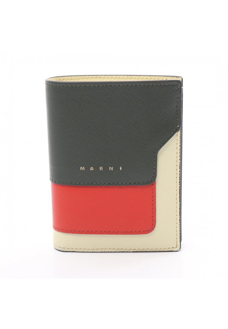 二奢 Pre-loved MARNI bifold wallet Bi-fold wallet compact wallet leather gray green ivory Red