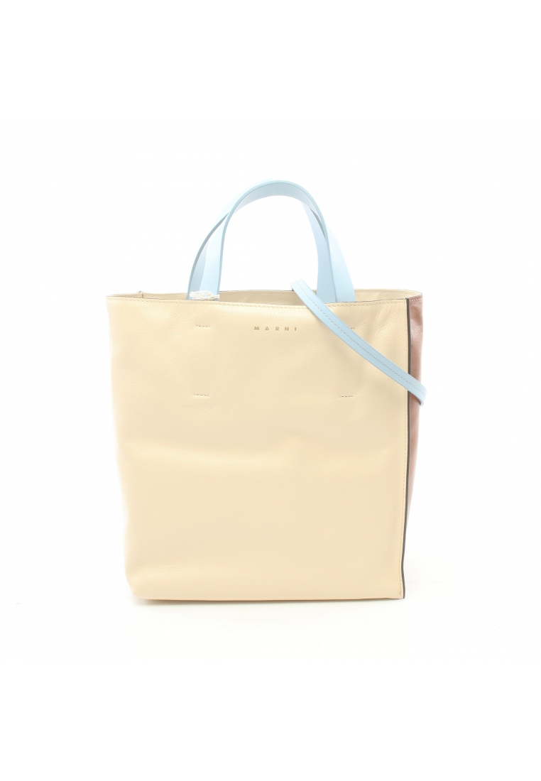 二奢 Pre-loved MARNI MUSEO Museo Handbag tote bag leather light beige Brown Light blue 2WAY