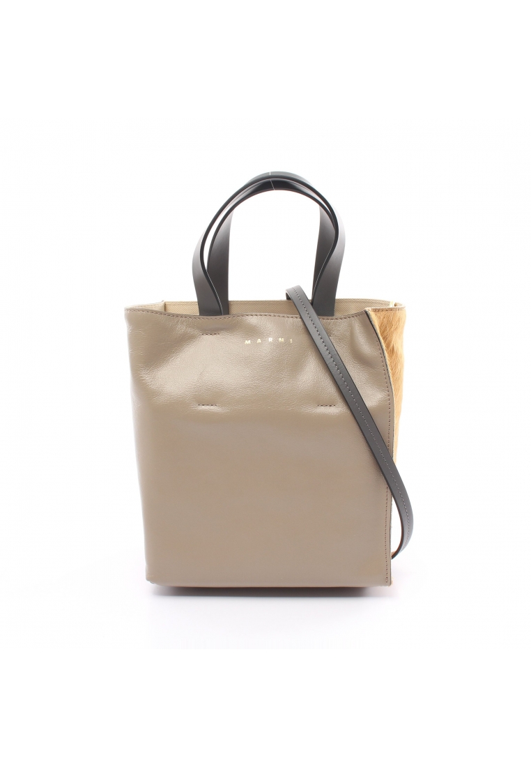二奢 Pre-loved MARNI MUSEO SOFT MINI BAG Handbag leather Unborn Calf Gray beige Yellow brown 2WAY