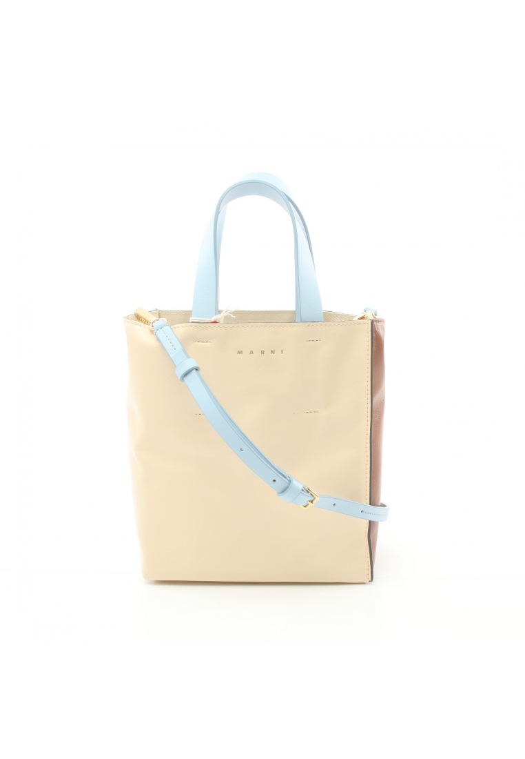 二奢 Pre-loved MARNI MUSEO SOFT MINI Handbag tote bag leather light beige Brown Light blue 2WAY