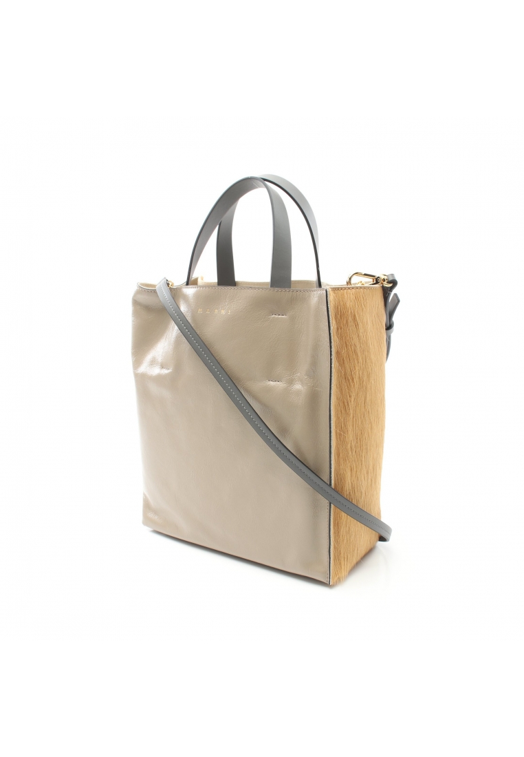 二奢 Pre-loved MARNI MUSEO SOFT SMALL BAG Handbag leather Unborn Calf Gray beige Yellow brown gray 2WAY
