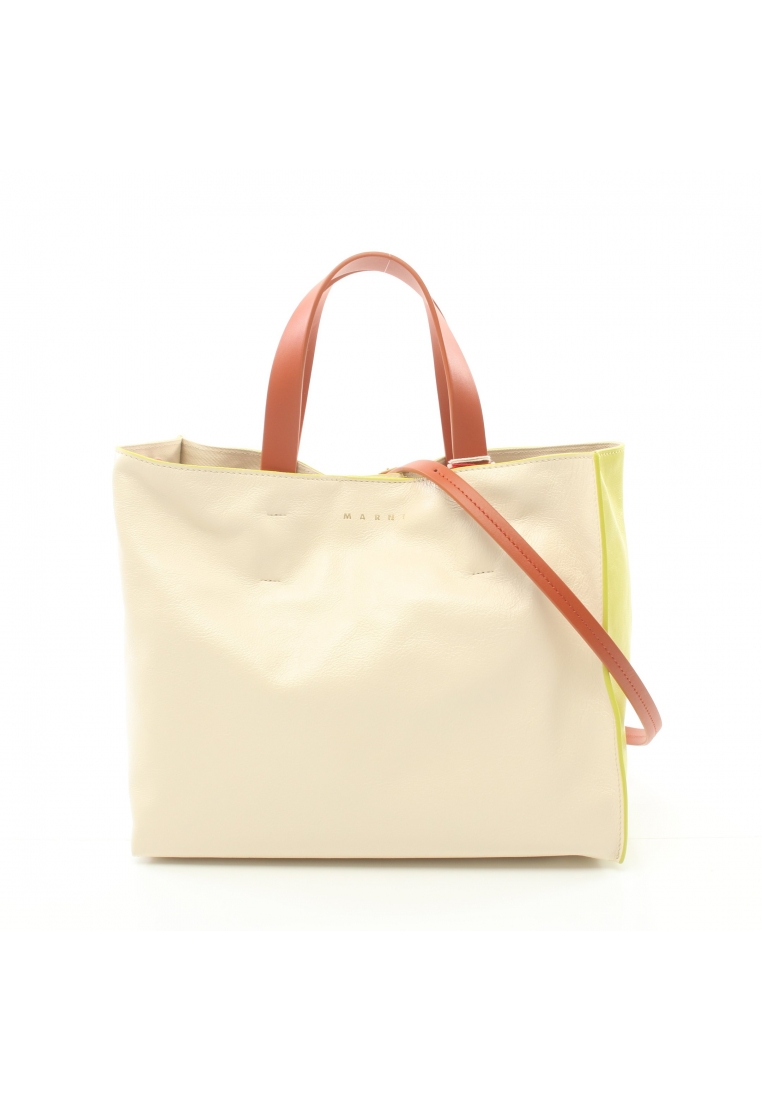 二奢 Pre-loved MARNI MUSEO SOFT Handbag leather off white yellow-green Brown 2WAY