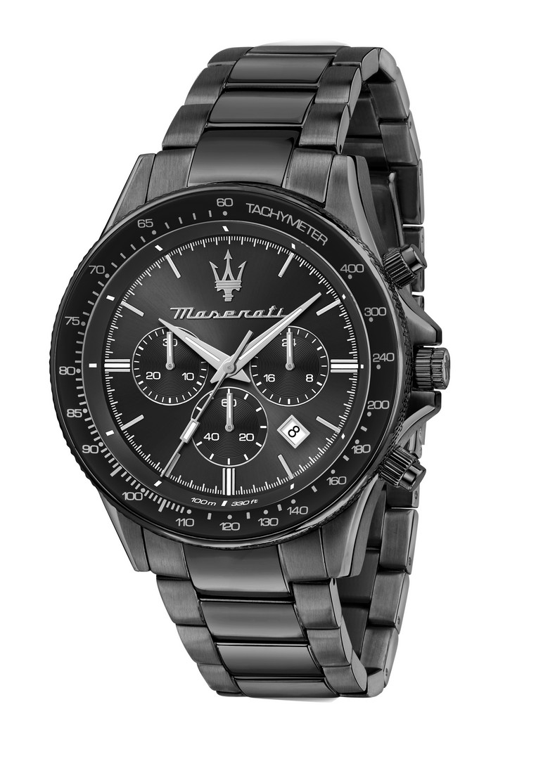 Maserati 【網上獨家】瑪莎拉蒂 Sfida 系列 44mm 男士黑色鋼帶三眼計時石英腕錶 R8873640016