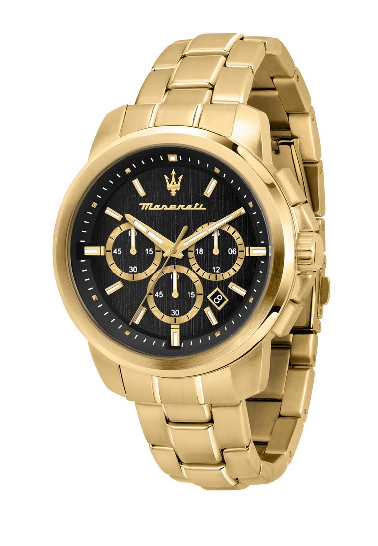 Maserati [Xmas Gift]【2年保修】 瑪莎拉蒂 Successo系列 44mm 黑色錶盤 男士金色鋼帶三眼計時石英腕錶 -R8873621013