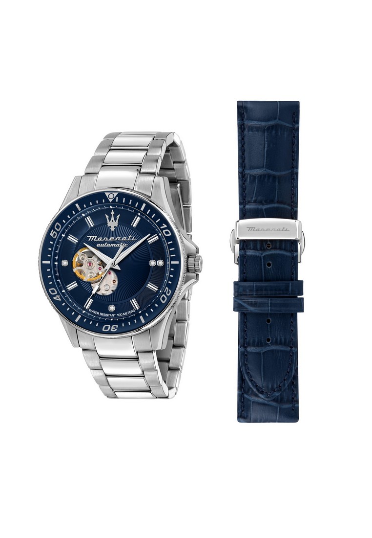 Maserati 【2年保修】 瑪莎拉蒂 Sfida系列 44mm 藍色錶盤 雙錶帶 男士自動機械腕錶-R8823140007