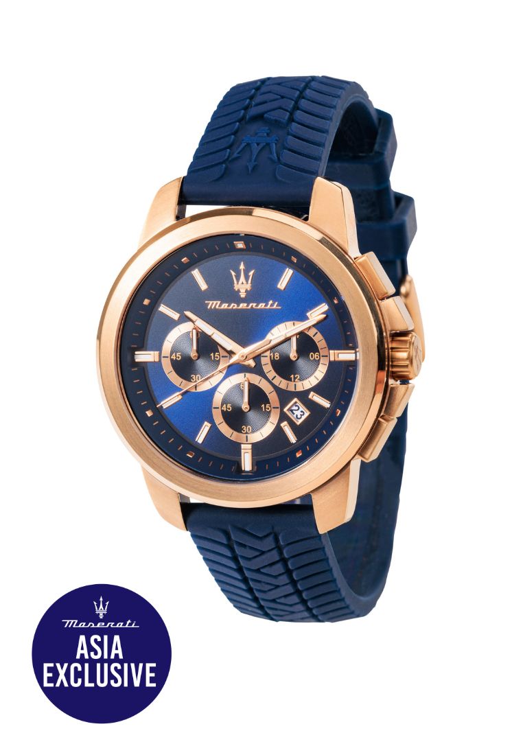 Maserati 【亞洲限定】【2年保修】 瑪莎拉蒂 Successo系列44mm 男士藍色矽膠三眼計時石英腕錶 -R8871621034
