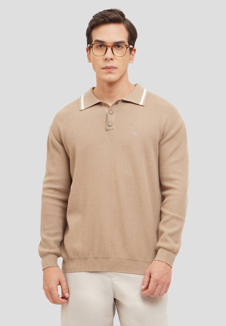 MEMO Textured Flat Knit Long Sleeve Polo with Tipping