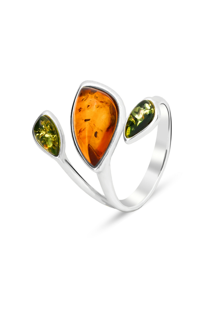 Millenne MILLENNE Multifaceted Baltic Amber Triad Silver Adjustable Ring with 925 Sterling Silver