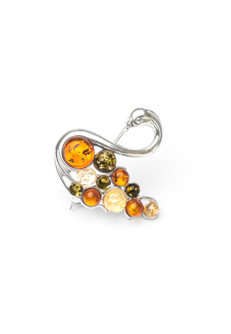Millenne MILLENNE Multifaceted Baltic Amber Swan Lake Silver Brooch with 925 Sterling Silver