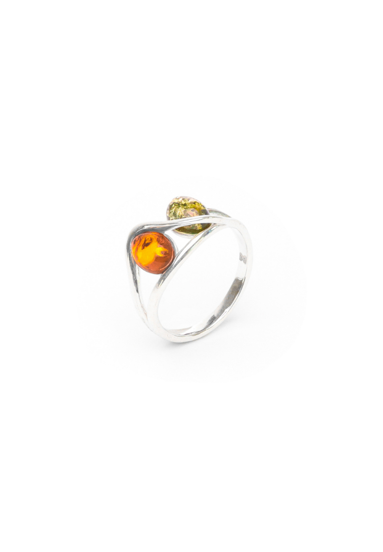 Millenne MILLENNE Multifaceted Baltic Amber Double Beaded Silver Ring with 925 Sterling Silver