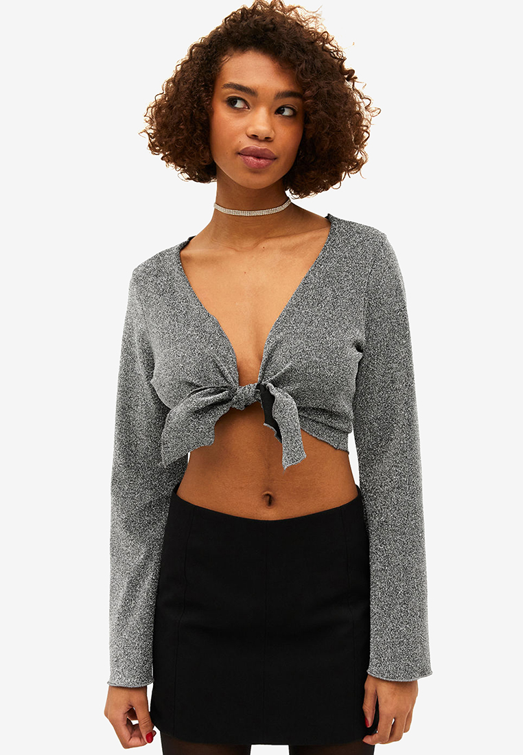 Monki Glitter Tie Front Top With Flared Sleeves