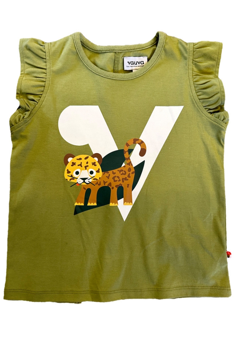 My Little Korner Vauva SS23 Safari - 女童老虎印花荷葉邊棉質短袖上衣（橄欖綠色）