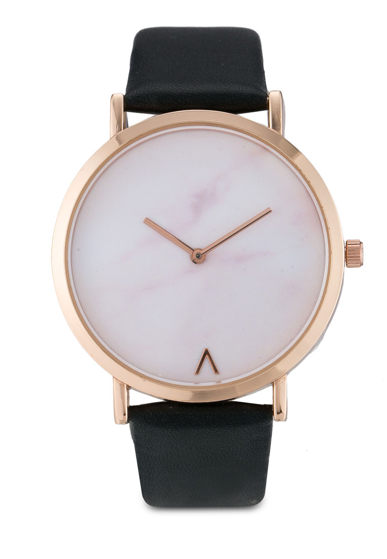 NUVEAU Round Marble Face Gold/Black Strap Watch