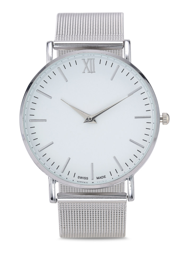 NUVEAU Round Face Silver White Mesh Strap Watch