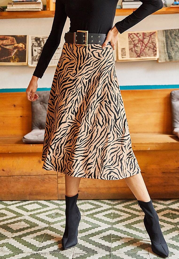Olalook Mink Zebra Elastic Waist, Suede Textured A-Line Skirt