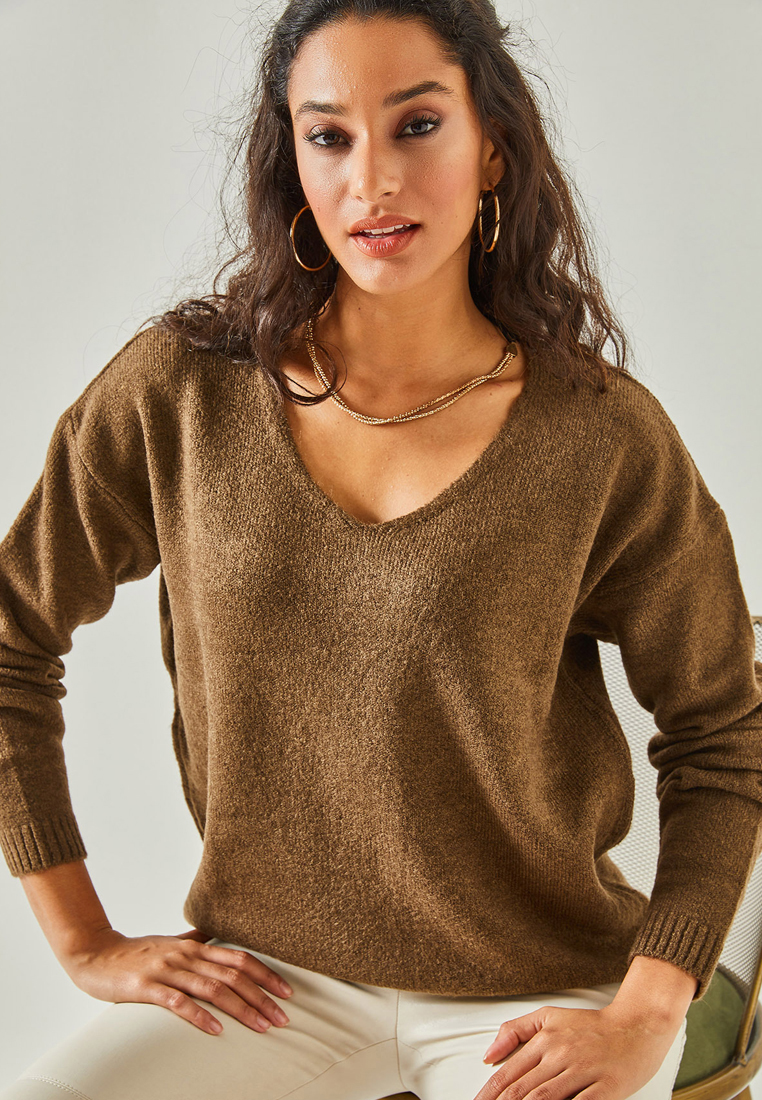 Olalook Bitter Brown V-Neck Soft Textured Knitwear Sweater