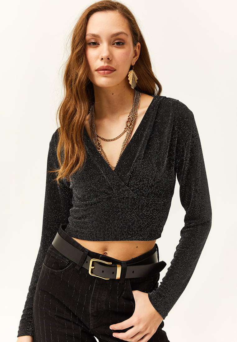 Olalook Black Double Breasted Glitter Crop Blouse
