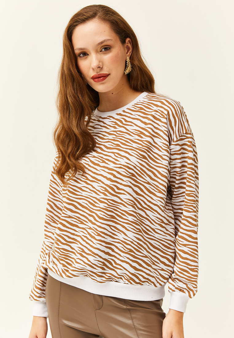 Olalook Zebra Brown Basic Soft Textured Loose Sweatshirt