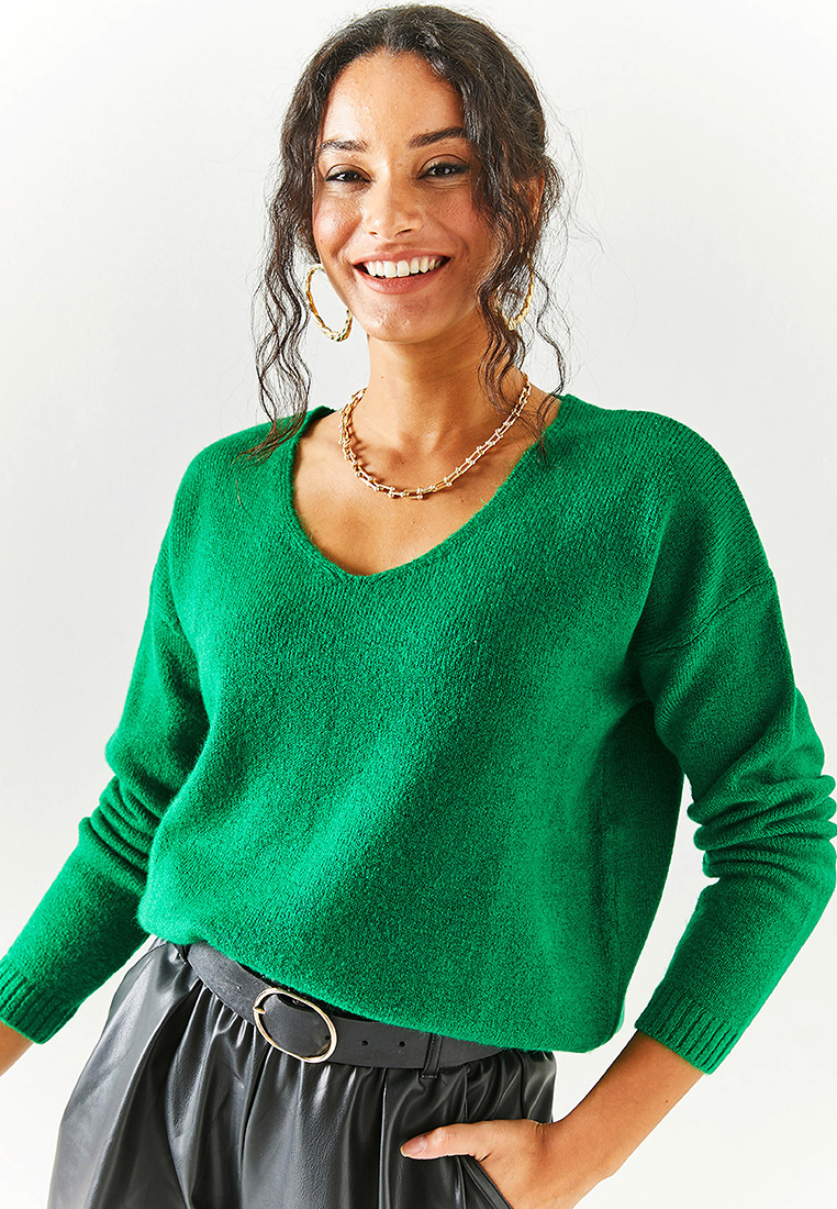 Olalook Grass Green V-Neck Soft Textured Knitwear Sweater