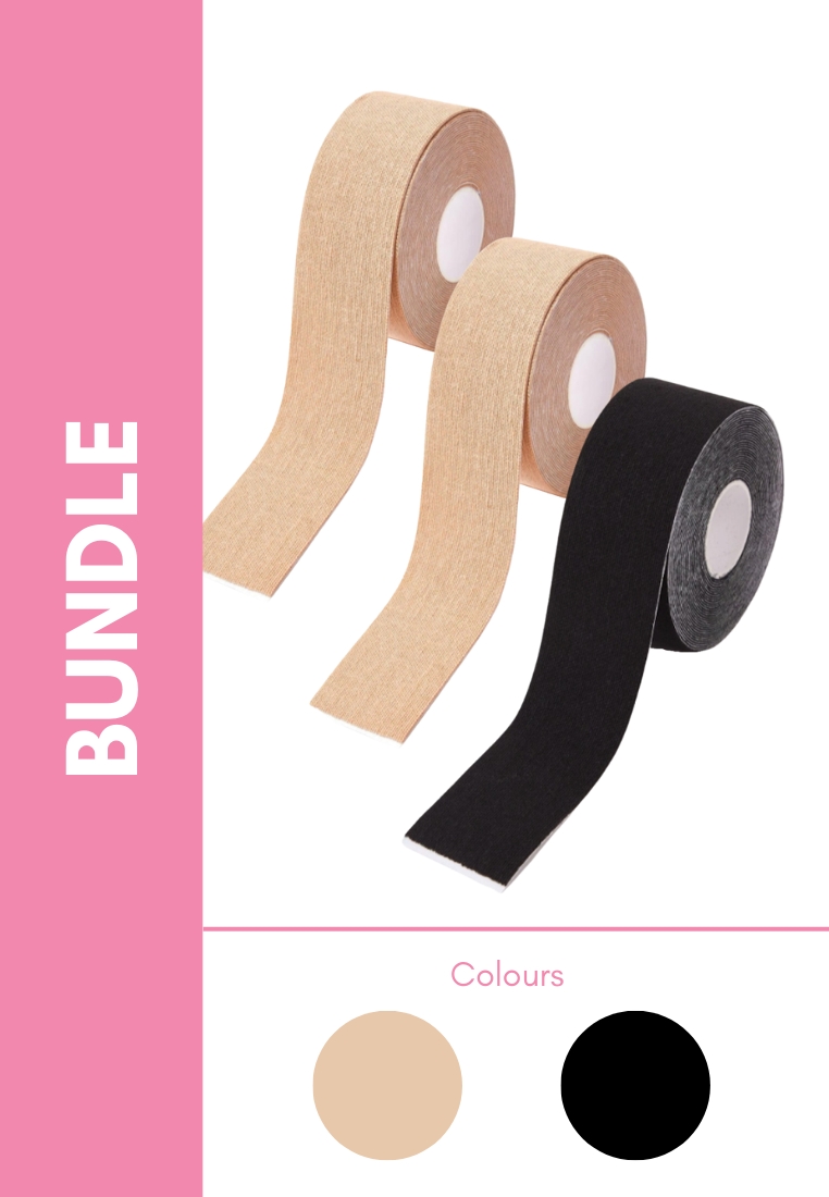 PINK N' PROPER 2膚色+1黑色5米Boob Tape綁帶文胸可裁剪膠布提拉胸貼 防下垂隱形文胸聚攏內衣 (3套)