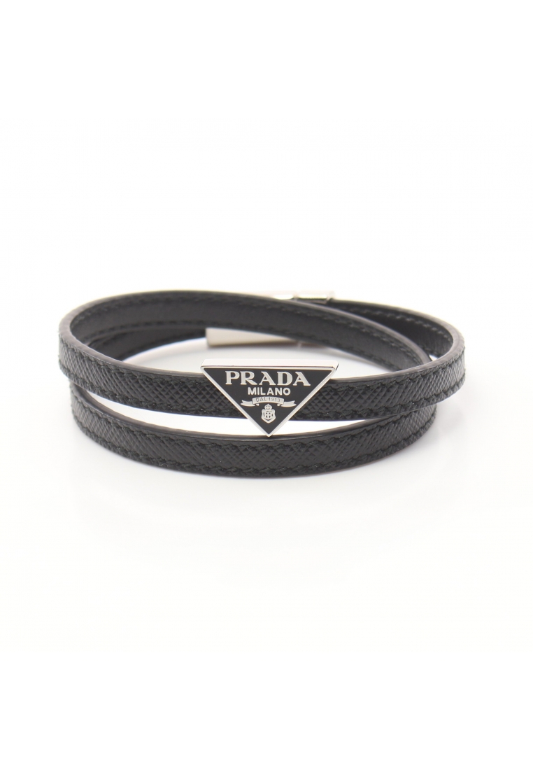 二奢 Pre-loved Prada double chain bracelet Saffiano leather black prada logo plate