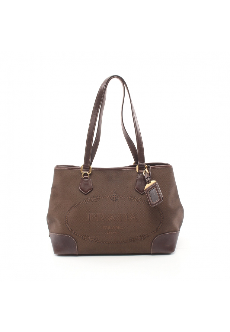 二奢 Pre-loved Prada Shoulder bag tote bag canvas leather Brown Dark brown logo
