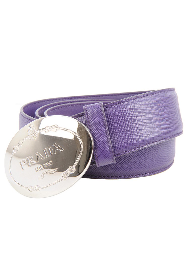 Prada Saffiano Leather Engraved Oval Plaque Curved 皮帶(紫色,男女通用)