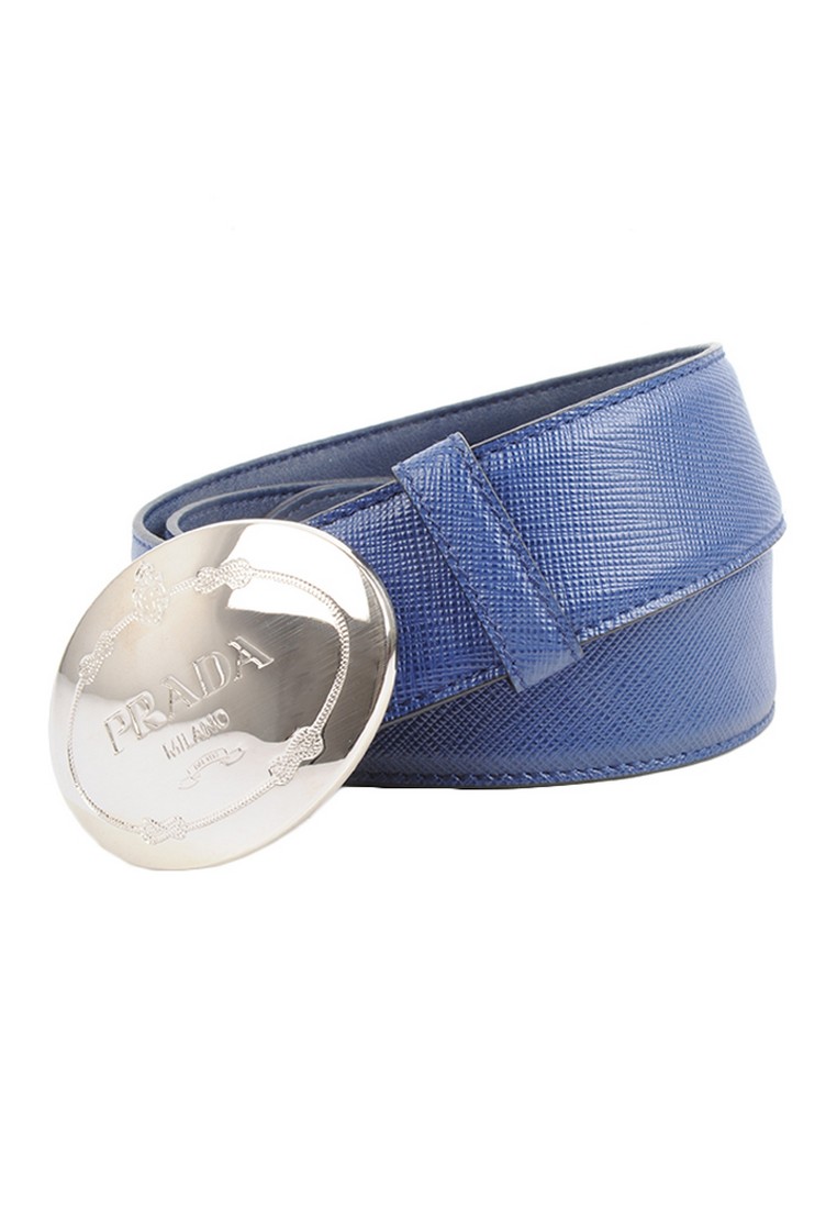 Prada Saffiano Leather Engraved Oval Plaque Curved 皮帶(海軍藍,男女通用)