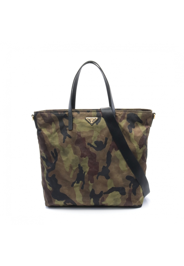 二奢 Pre-loved Prada TESSUTO STAMPAT Handbag tote bag camouflage Nylon Saffiano leather Khaki green multicolor 2WAY
