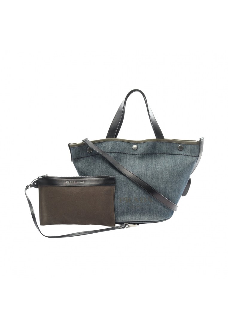 二奢 Pre-loved Prada DENIM+CITY CALF Handbag tote bag denim leather Indigo blue Khaki green 2WAY