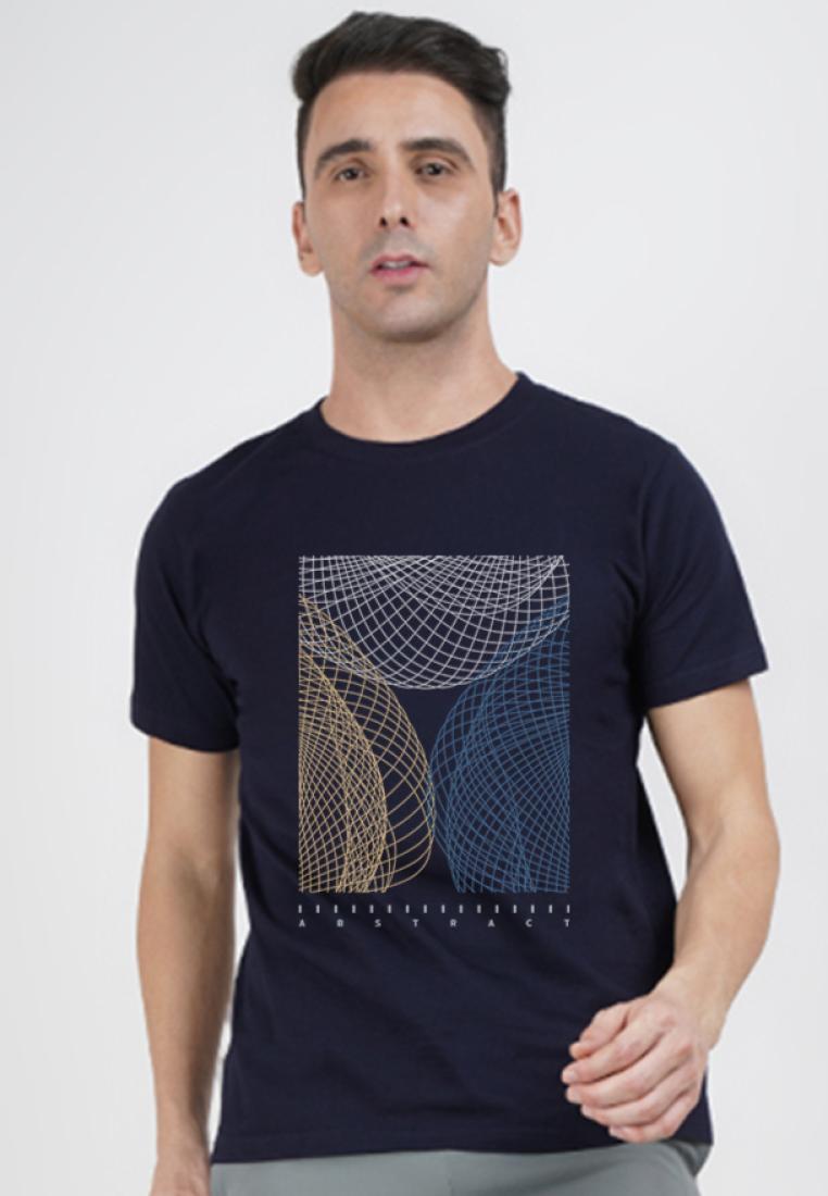 QuirkyT Discovery 印花圖案海軍藍色棉混紡短袖標準版型 T 恤